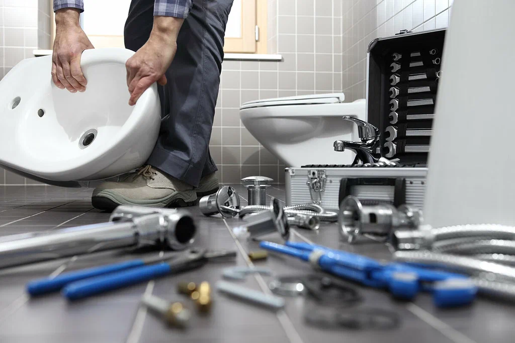 Plumbing tools prepared for a bathroom repair in Hemet