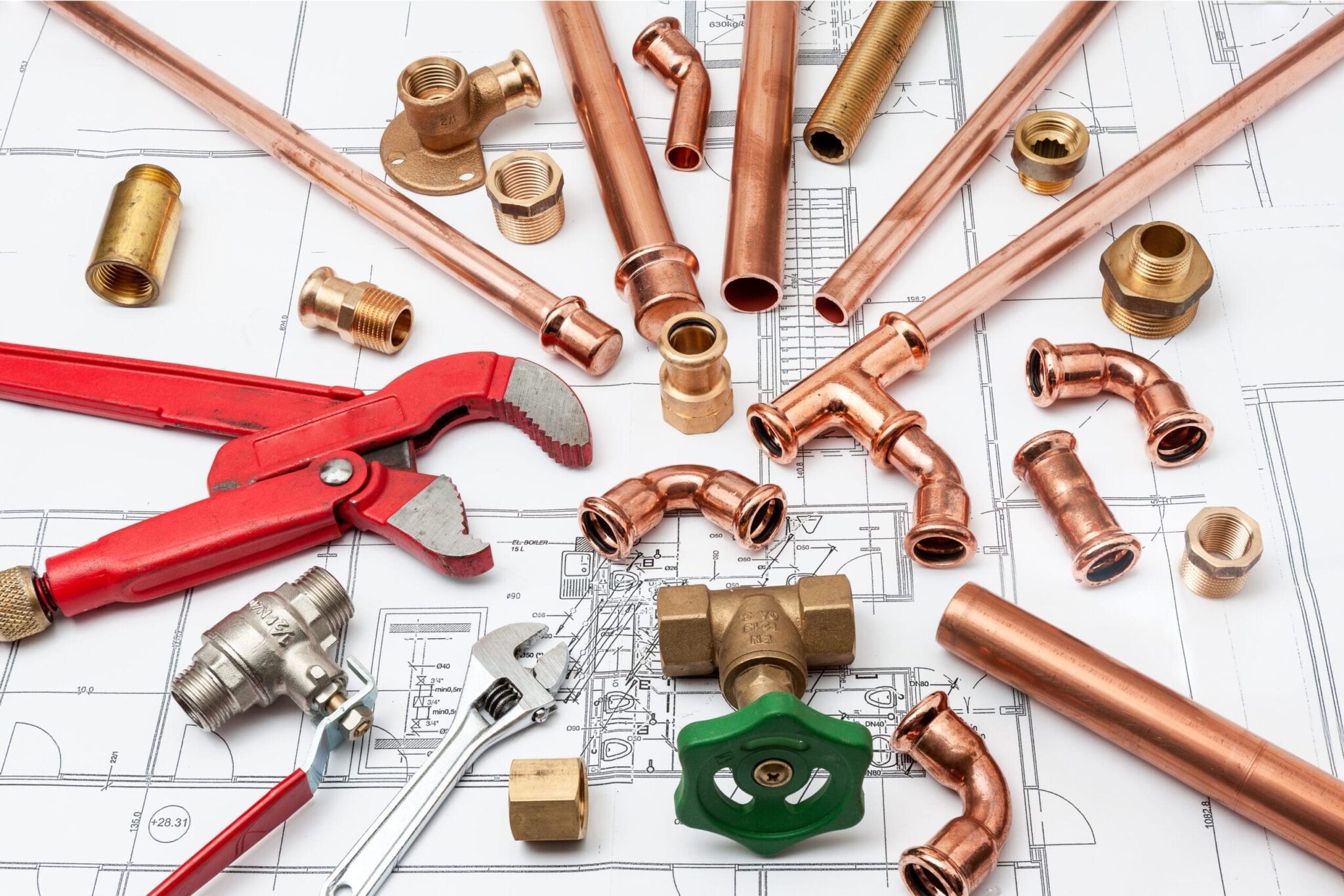 Copper pipes, fittings, valves, and plumbing tools in Hemet