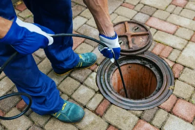 Plumber cleaning an outdoor sewer drain in Hemet