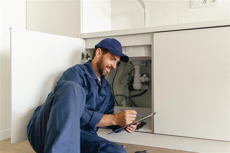 Residential plumber reviewing plumbing repairs in a Hemet kitchen