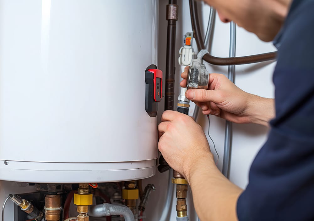 Technician repairing pipes connected to a water heater in Hemet
